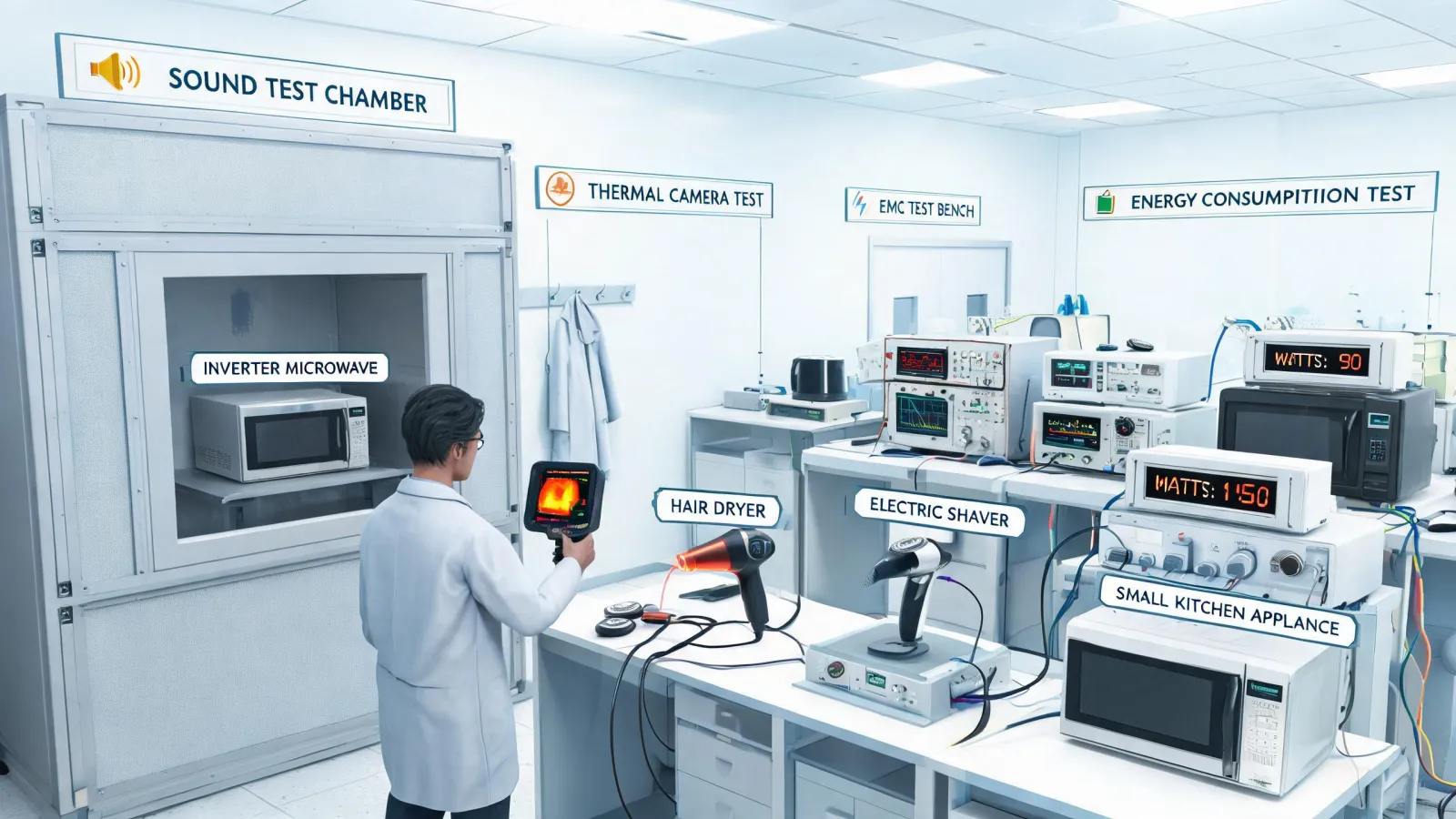 QA laboratory for microwave inverter and personal care appliance testing
