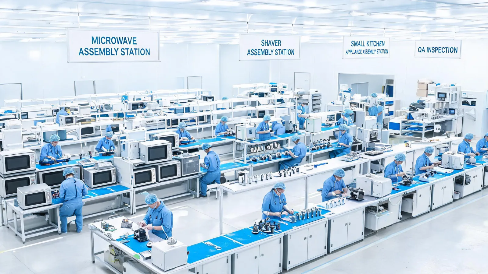 Home appliance production line with final assembly stations
